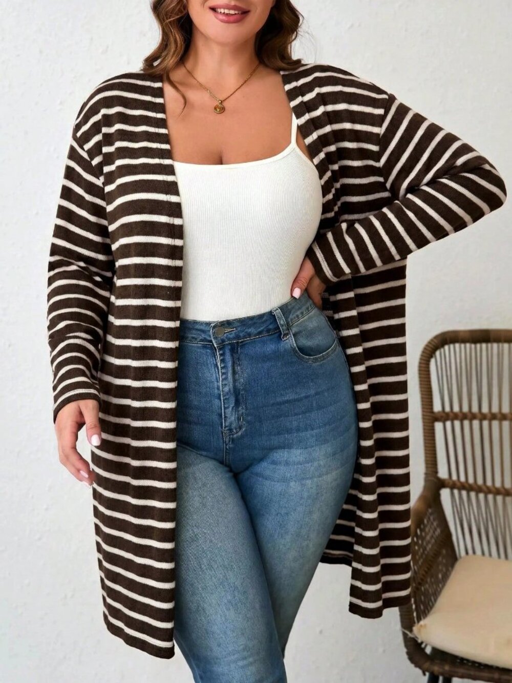 Brown Casual Women's Plus Size Striped Rib-Knit V Neck Drop Shoulder Coat